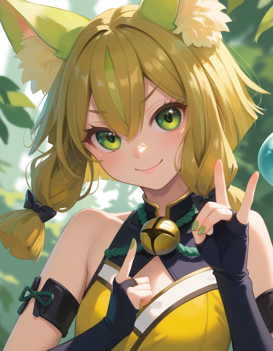 (score_9:0.9),score_8_up,score_7_up,rating_safe,(zPDXL),(zPDXL3),
<lora:Fu-Ri the Orb Mikanko ponyXL v1:0.74>,
fu ri the orb mikanko,1girl,solo,black fingerless gloves,green nails,looking at viewer,black hair bow,smile,:3,sidelocks,neck bell,upper body,green fox ears,v-shaped eyebrows,green sleeveless shirt,black crop top,forest,fox shadow puppet,blush, closed mouth,