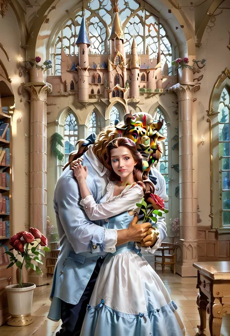 score_9, score_8_up, score_7_up, score_6_up, Belle, blue dress, white shirt, white long sleeves, long hair, ponytail, bow, 1girl, small breasts, stiff breasts, hourglass figure, lustful gaze, looking at the viewer, square neckline, background of large library, inside a castle, standing in the center of the castle library, hugging TheBeast, abandoned castle, castle covered in dust, face turned towards TheBeast, Thebeast dressed as a prince, holding flowers, holding a large dark red rose,
