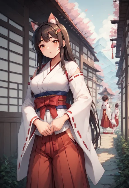score_9, score_8_up, score_7_up, score_6_up, score_5_up, score_4_up, masterpiece, high quality,Kluclew_Art,easynegative,japanese clothes, hairclip, wide sleeves, ribbon trim, long sleeves, hakama skirt, miko, sleeves past wrists, red hakama, white kimono, tabi, ribbon-trimmed sleeves, pinching sleeves,yuika3,cat ears