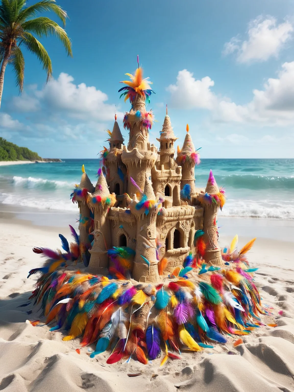ais-featherz sandcastle standing proudly on a tropical beach with glistening waves <lora:Feathers_Glue_SDXL:1>