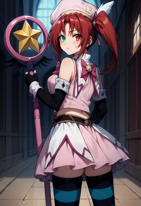 score_9, score_8_up, score_7_up, score_6_up, 1girl, ((magical girl)), bokeh, Heterochromia, red eye, green eye, m4g1c4lg1rl0utf1t, MagicalGirlOutfit,Magical Girl Outfit (HDXD), red hair, blonde hair, multicolored hair, hat, thighhighs, fingerless gloves, gloves, striped, striped thighhighs, magical girl, elbow gloves, headwear,, skirt, looking back, staff, side ponytail, standing, gloves,