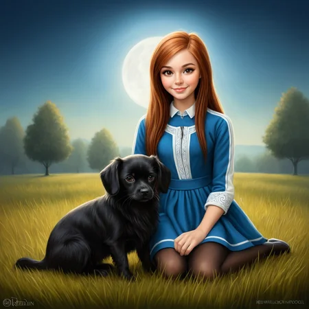 by Steve Purcell, by Terry Redlin, by Lori Earley, cute 18 year old woman and her pet, digital painting <lora:digital_painting_envy01:1.00>