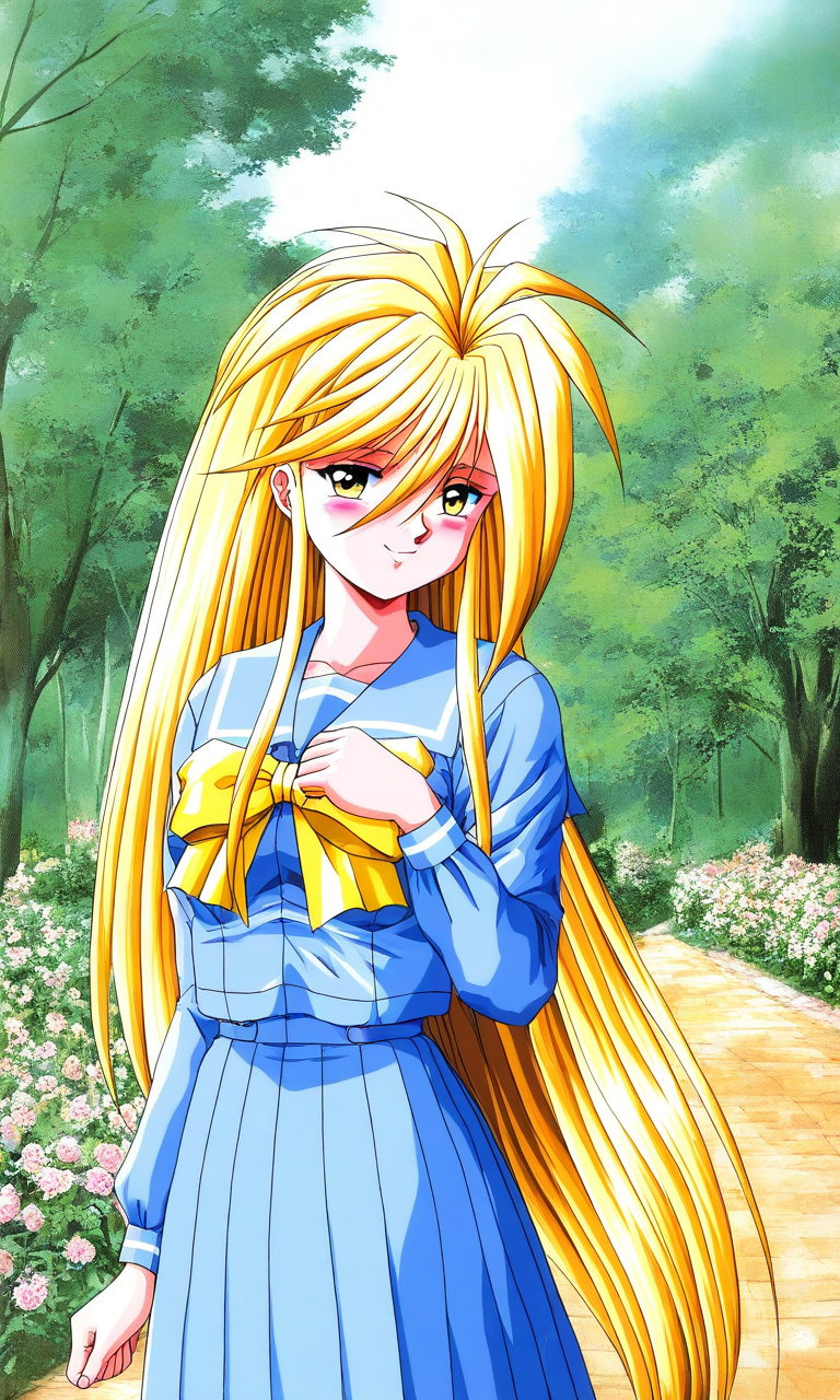 general,highres, ultra-detailed,very aesthetic,best quality ,best hands, BREAK <lora:Ijuuin_Rei_Tokimeki_Memorial_IS:1>
Ijuuin_Rei(Tokimeki_Memorial), 1girl, solo, blonde hair, yellow eyes, hair between eyes, breasts, 
long hair, 
blush, smile, school uniform, blue serafuku, 1990s (style), skirt, smile, long sleeves, Yellow bow, tree, flower, blue skirt, looking at viewer, pleated skirt, sailor collar,