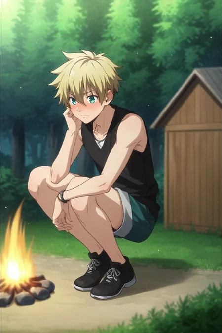 score_9, score_8_up, score_7_up, source_anime, rating_safe, , , , depth of field, 1boy, solo, male focus, <lora:liberta_arcana_famiglia_pony:0.76>, liberta_arcana_famiglia, blonde hair, green eyes, short hair, hair between eyes, panorama, cabin, forest, campfire, day, sunny, jumping, embarrassed, nose blush, , <lora:sdxl_lightning_8step_lora:1>