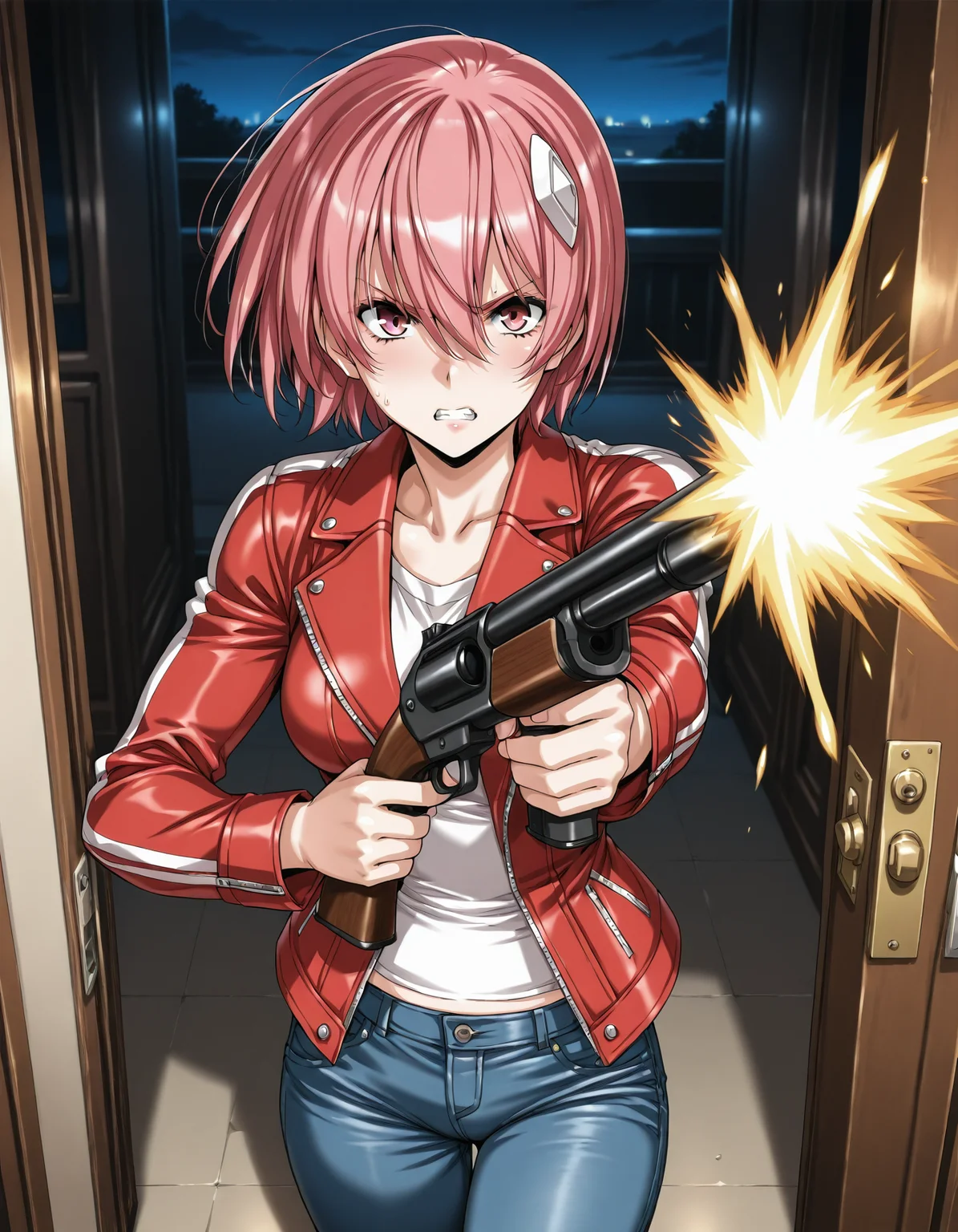 <lora:elessa-v2-illustrious-000080:0.9> elessa, hair ornament, red jacket, jeans
1girl, solo, pov, holding shotgun, firing, muzzle flash, angry, doorway, night