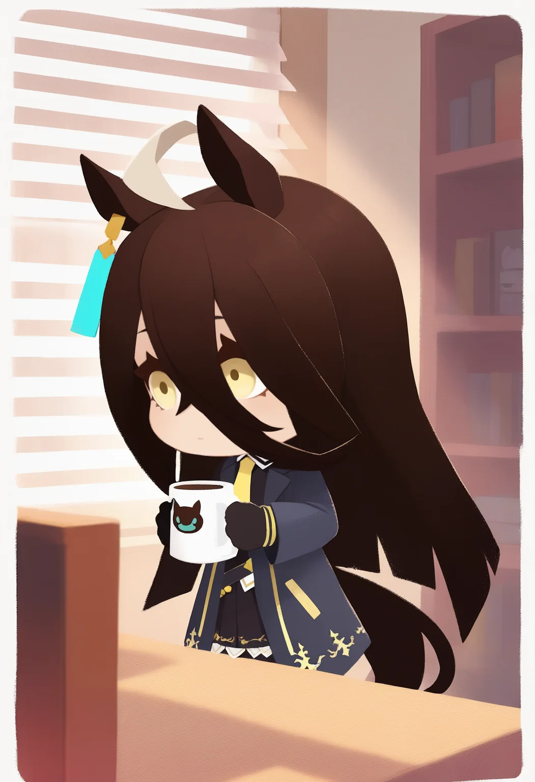 onmyojistyle, chibi, masterpiece, best quality, <break> white border, solo, 1girl, manhattan cafe \(umamusume\), umamusume, horse tail, expressionless, looking away, standing, holding coffee mug, horse ears, black gloves, indoors, window blinds, table, bookshelf
<segment:yolo-Anzhc Face seg 640 v2 y8n.pt,0.4,0.5//cid=1>