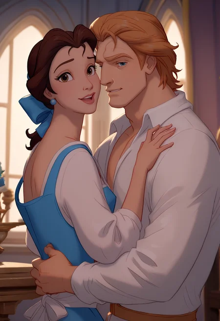 score_9, score_8_up, score_7_up, Prince_Adam_BTB, Belle_BTB, 1man, 1girl, royal couple, standing, fantazy interior, looking at viewer, zPDXL3, <lora:Belle_and_Adam:1>, <lora:Smooth Anime Style LoRA XL:0.8>, <lora:Expressive_H:0.5>, <lora:zPDXL3:1>, <lora:add-detail-xl:2>âââ