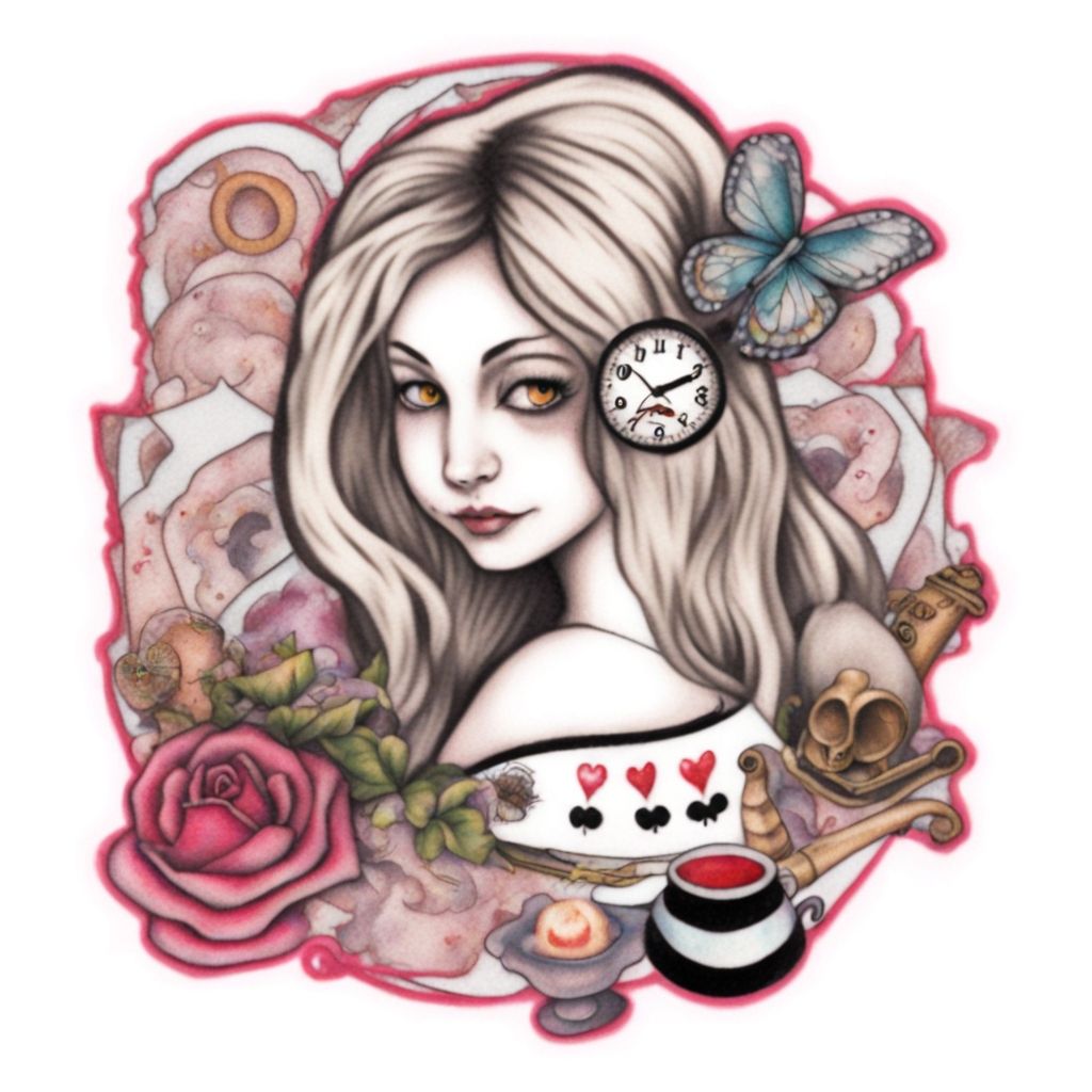 Alice in wonderland  tattoo <lora:SDXL-tattoo-Lora:1>