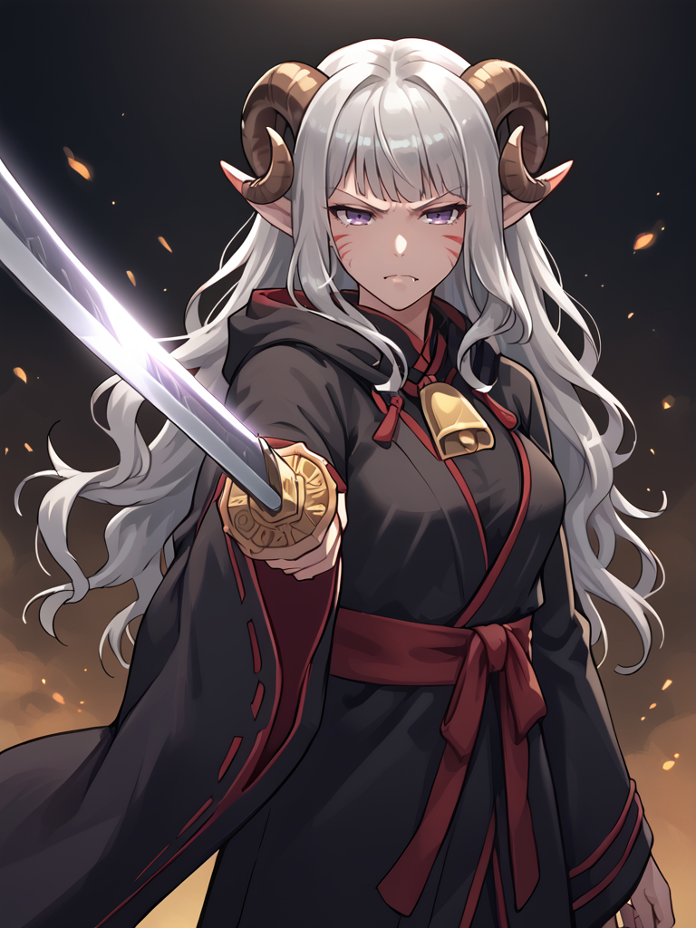 <lora:pointing_katana:0.8> katana:1.2, holding katana, looking at viwer, 
 source_furry, score_7_up, rating_safe, cowboy shot, gold necklace, tiefing, short pointed ears, brown horns, (a pair of brown sheep Horns that begin at her temples and curve back: 1.5), bangs, long silver hair long wavy hair, pale skin, <lora:whisker_markings:0.8>red whisker_markings ,short pointy ears, purple eyes, <lora:age_slider_v4:0.6>   medium breasts, skinny female,  silver hair, <lora:Tieflingnew weird fantasyDND:0.3> Tiefling, pointed ears, horns, half-closed eyes<lora:Smooth Style 2 SDXL_LoRA_Pony Diffusion V6 XL:0.5> bell, robe, hood off,
 fang , angry:0.7, <lora:high_guard_sword_parry_stance:0.2> high guard sword parry stance