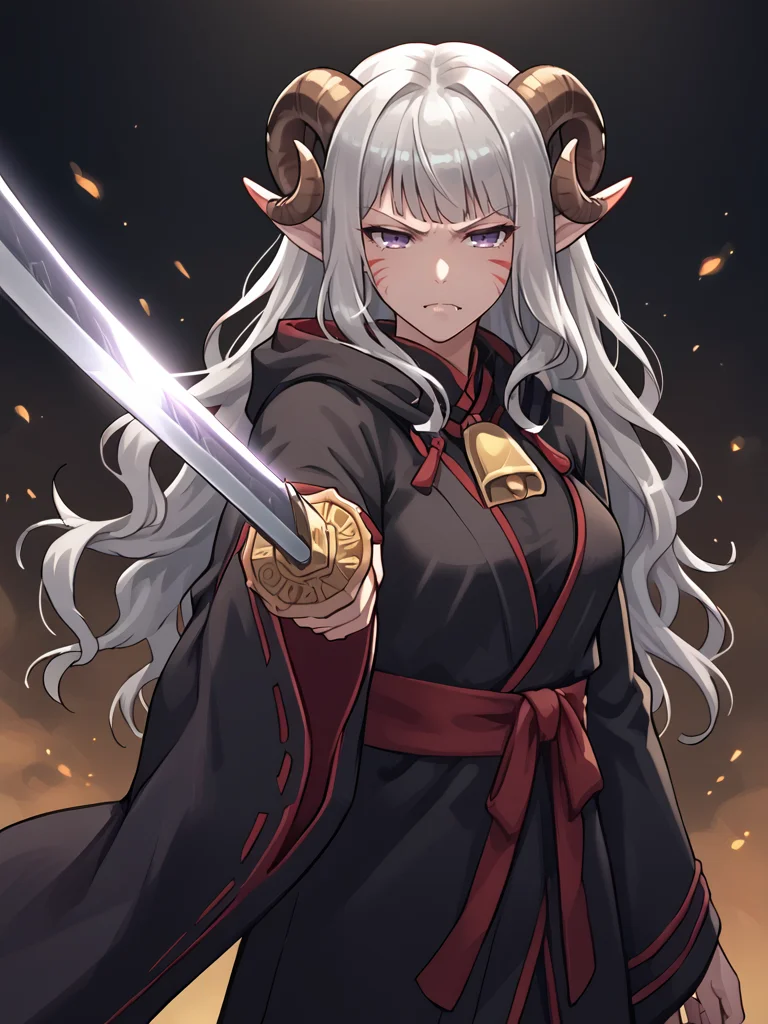 <lora:pointing_katana:0.8> katana:1.2, holding katana, looking at viwer, 
 source_furry, score_7_up, rating_safe, cowboy shot, gold necklace, tiefing, short pointed ears, brown horns, (a pair of brown sheep Horns that begin at her temples and curve back: 1.5), bangs, long silver hair long wavy hair, pale skin, <lora:whisker_markings:0.8>red whisker_markings ,short pointy ears, purple eyes, <lora:age_slider_v4:0.6>   medium breasts, skinny female,  silver hair, <lora:Tieflingnew weird fantasyDND:0.3> Tiefling, pointed ears, horns, half-closed eyes<lora:Smooth Style 2 SDXL_LoRA_Pony Diffusion V6 XL:0.5> bell, robe, hood off,
 fang , angry:0.7, <lora:high_guard_sword_parry_stance:0.2> high guard sword parry stance
