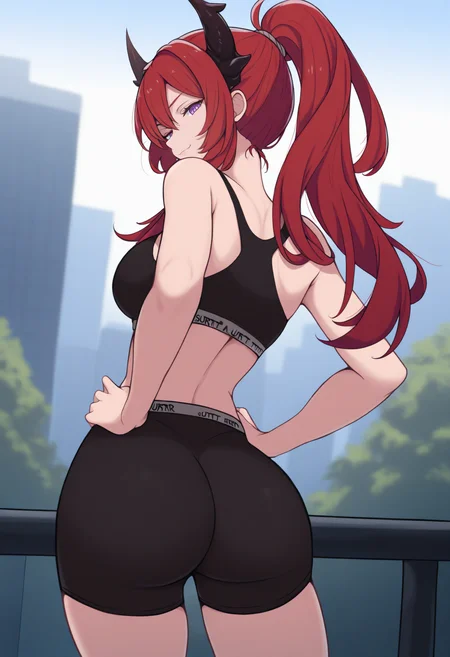 masterpiece, best quality, 1girl, solo, 5urtr, purple eyes, red hair, long hair, horns, ponytail, hair tie, from behind, looking back, hands on hips, sports bra, black shorts, ass, looking down, looking at viewer, smug, proud, outdoors, city, <lora:ChamSurtrNoob:1>