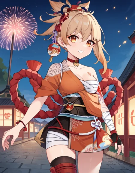 score_9, score_8_up, score_7_up, source_anime,
yoimiya, <lora:yoimiya-ponyxl-lora-nochekaiser:1>,
yoimiya, bangs, blonde hair, hair ornament, hair between eyes, ponytail, sidelocks, orange eyes, light brown hair, smile,
thighhighs, gloves, jewelry, japanese clothes, choker, fingerless gloves, kimono, bracelet, sash, tattoo, bandages, obi, rope, asymmetrical legwear, pouch, sarashi, bandaged arm, red choker, arm tattoo, shimenawa, bandaged leg, chest tattoo, hadanugi dousa, orange kimono, single fingerless glove,
outdoors, shrine, fireworks, festival,
looking at viewer, dutch angle, cowboy shot,