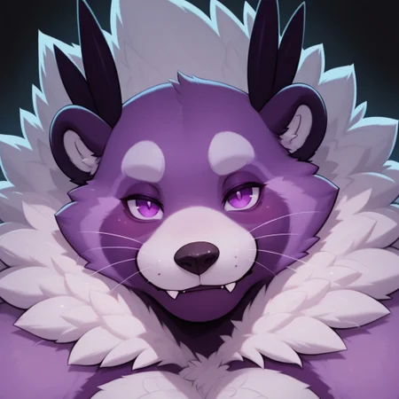 masterpiece, detailed background, best quality, absurd res, high detail, aesthetic, smooth drawing,
BentoC, furry male, viverrid, werebinturong, huge, fluffy, face focus, relaxed, looking at viewer, purple eyes, fangs, straight-on, black background, whiskers,