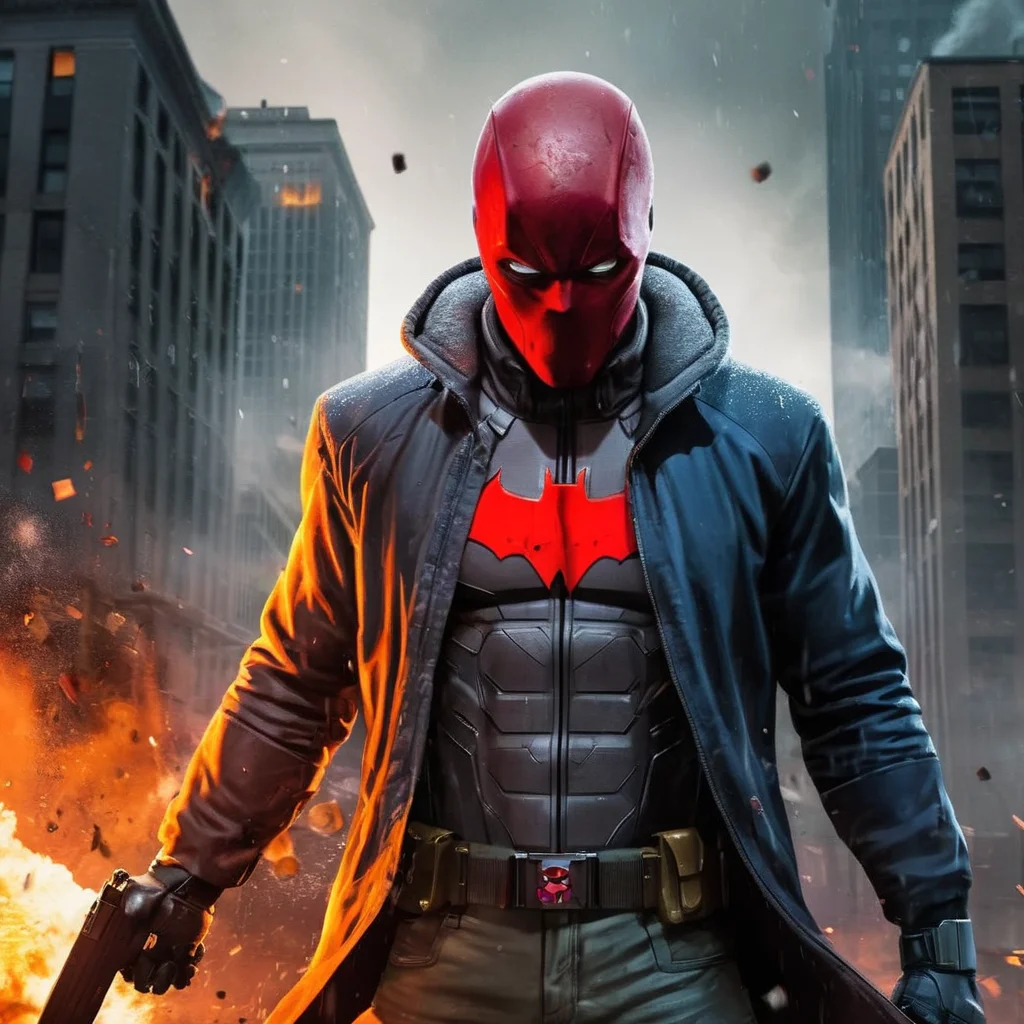 Hyperrealistic art of  <lora:Red Hood:1.2>
Red Hood a man in a hoodie and a hoodie holding a gun with big explosion in background in Gotham city universe, Extremely high-resolution details, photographic, realism pushed to extreme, fine texture, incredibly lifelike