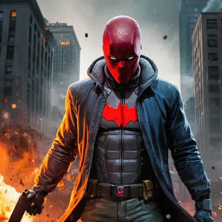 Hyperrealistic art of  <lora:Red Hood:1.2>
Red Hood a man in a hoodie and a hoodie holding a gun with big explosion in background in Gotham city universe, Extremely high-resolution details, photographic, realism pushed to extreme, fine texture, incredibly lifelike