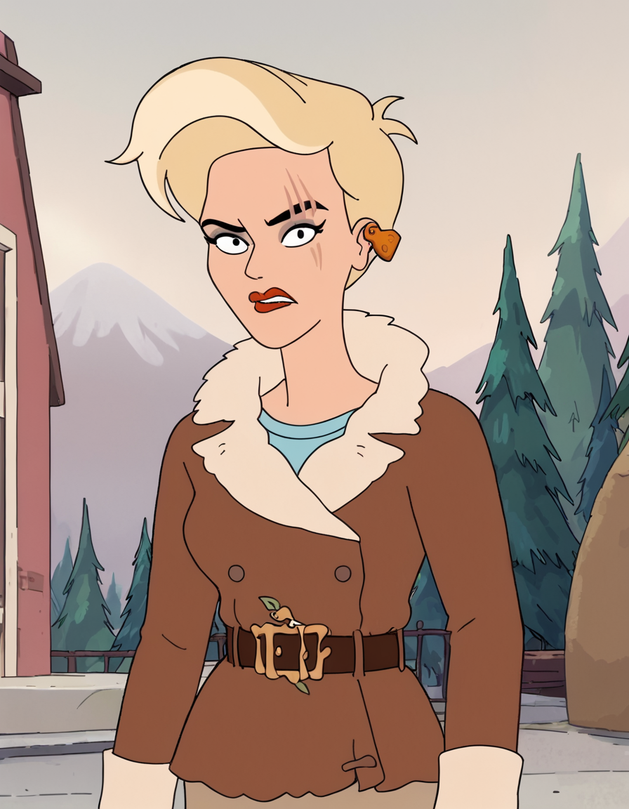 <lora:HarmonyPony1.0:1> harmony, 1girl, short hair,blonde hair, blue shirt, solo, scar across eye, makeup, ear tag, black eyes, coat, red lips, belt, lipstick,outdoors,  score_9, score_8_up, score_7_up, score_6_up, score_5_up, score_4_up, looking at viewer, cowboy shot