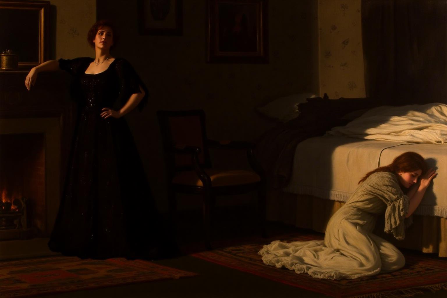 johncollier1 painting.
Two women in a dimly lit room. On the left, a woman in a dark gown stands confidently with one hand on her hip, the other on a mantel. On the right, a young woman in a light dress kneels on a rug, appearing distressed. The lighting emphasizes the contrast between the two figures. <lora:johncollier1_cap_d8a4e12:1.0><lora:850612646834136736:0>