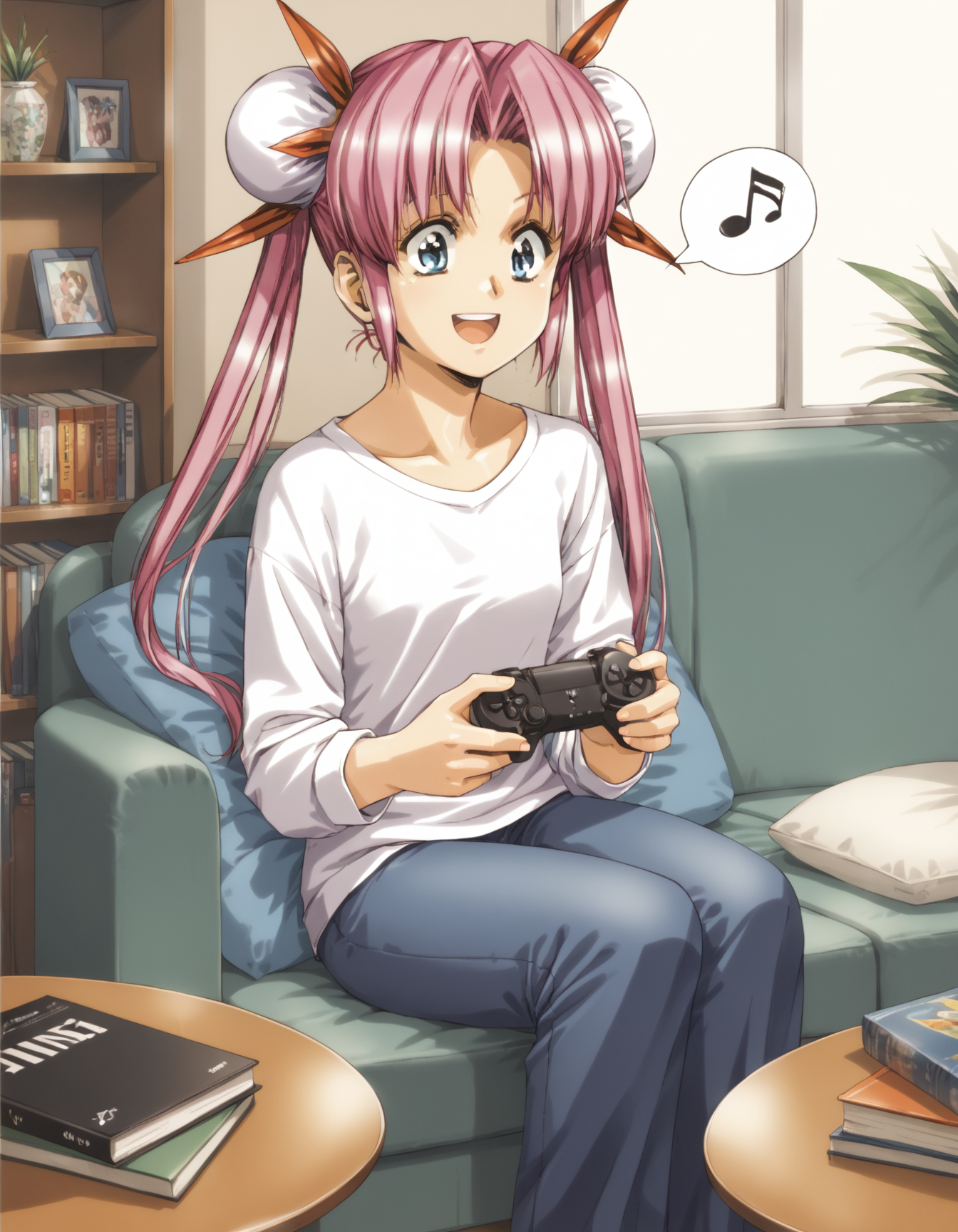 score_9,  score_8_up, score_7_up
<lora:louise-fallsmyer-ponyxl:1> fallsmyer, long hair, twintails, hair ribbon, double bun, bun cover,
casual, living room, cd, playstation, spoken musical note, happy