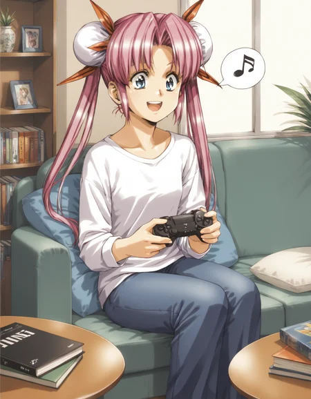 score_9,  score_8_up, score_7_up
<lora:louise-fallsmyer-ponyxl:1> fallsmyer, long hair, twintails, hair ribbon, double bun, bun cover,
casual, living room, cd, playstation, spoken musical note, happy