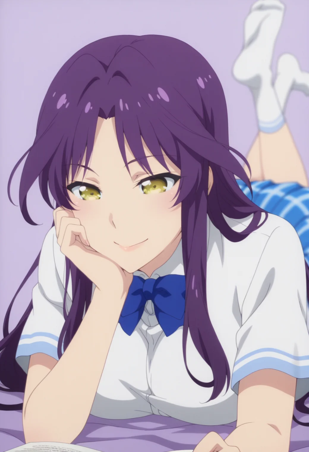 anime screencap, anime coloring,   <lora:DX888Kyou:1> goshouin kyou, yellow eyes, purple hair, very long hair, parted bangs BREAK  school uniform, white shirt, blue bowtie, plaid skirt, blue skirt BREAK simple background, purple background,  dithered background, BREAK 1girl, book,  closed mouth, depth of field, hand on own cheek, hand on own face, head rest, lying, no shoes, on stomach, open book, reading, smile, soles, solo,
