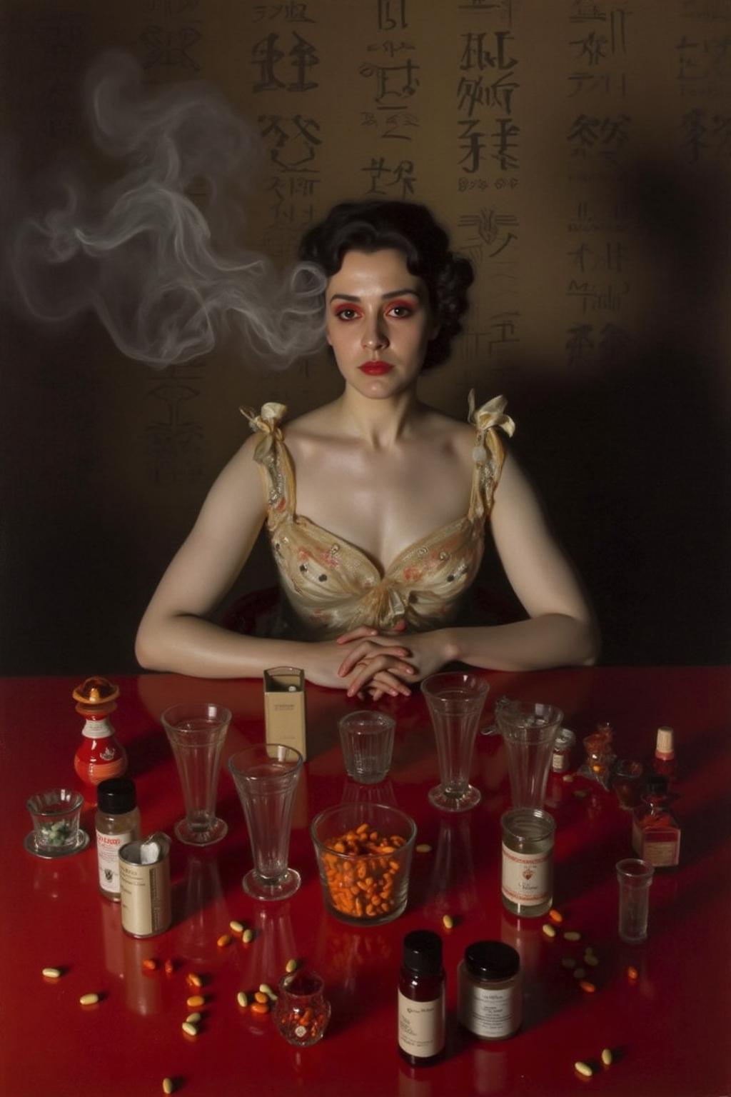 johnss1 painting.
Create a cinematic, surreal portrait of a woman seated at a cluttered red table, surrounded by mirrored reflections of herself. She wears intense red eye makeup that accentuates her expressive gaze. The scene is filled with translucent glass cups, pill containers, and small bottles, all creating an eclectic and moody atmosphere. Smoke rises around her, adding a dreamlike quality, while a wallpaper of hand-drawn symbols or calligraphy fills the background. The lighting is muted and soft, emphasizing a reflective and introspective mood with a retro, film-noir style <lora:johnss2_cap_d6a3:1.0><lora:829202230583232589:0>