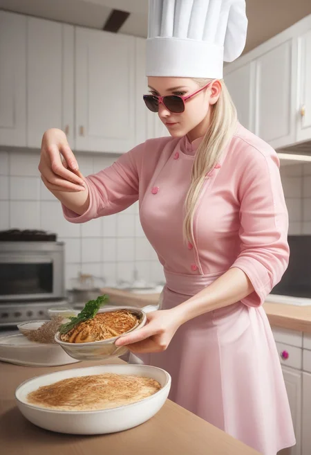 score_7_up, best quality, detailed, studio lighting, realistic, adult, 1woman, thick, muscular,  long blond hair, pink shirt, pink skirt, chef hat, sunglasses, holding, dish detail, indoors, kitchen, sunset
