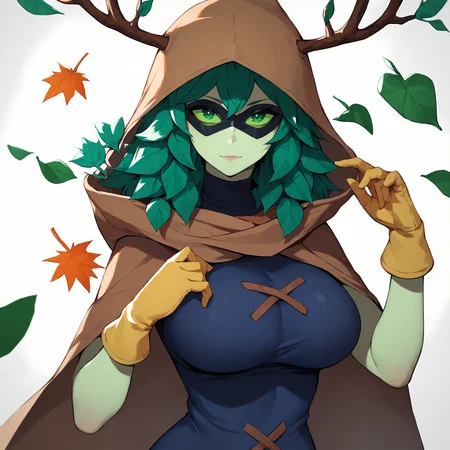 score_9, score_8_up, score_7_up, score_6_up, score_5_up, score_4_up, masterpiece, thick lines, 2d, flat colors, anime, huntresswizard <lora:huntresswizardpony:1>, 1girl, hwdarkoutfit, dark blue shirt, brown scarf, brown hood, 1girl, solo, long hair, breasts, looking at viewer, large breasts, simple background, gloves, white background, green eyes, green hair, cape, mask, colored skin, leaf, colored sclera, antlers, green skin, yellow gloves, domino mask, green sclera BREAK source_anime