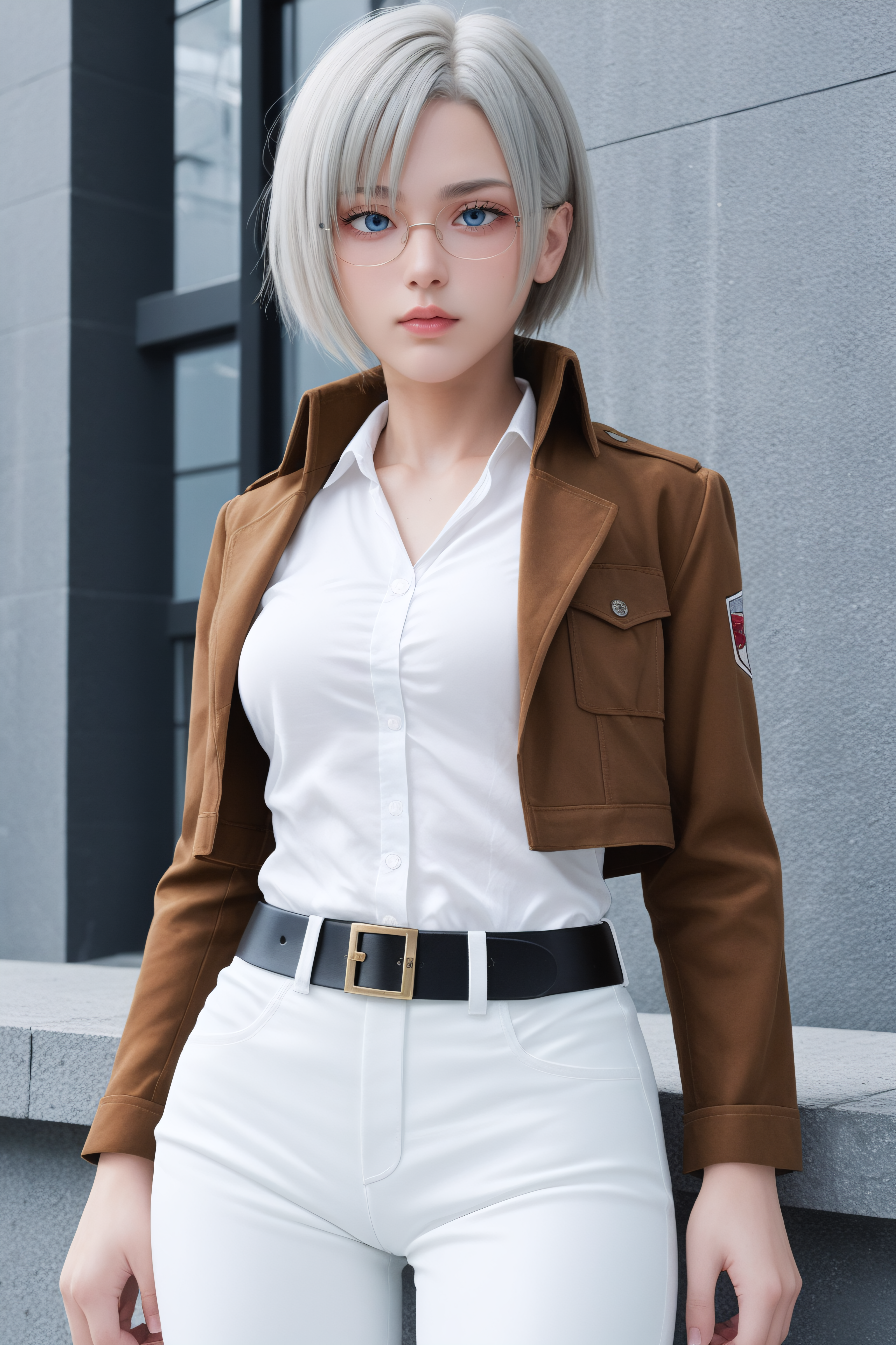 score_9, score_8_up, score_7_up, BREAK source_anime, <lora:Rico Brzenska-PonyXL-lora-Faxtron:1> rico brzenska, blue eyes, grey hair, short hair, medium breasts, glasses, white shirt, open cropped brown jacket, long sleeves, white pants, emblem, belt,
