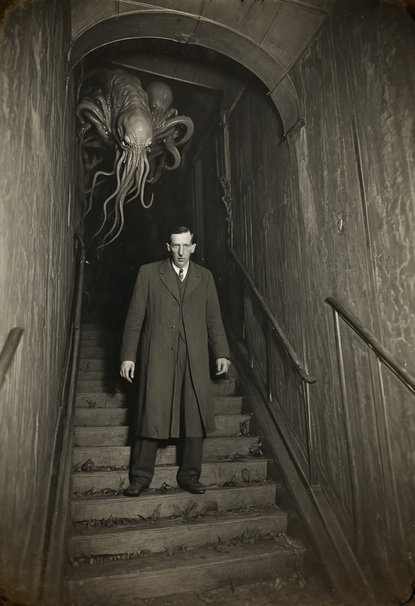 antique photo, eerie atmosphere, creepy, descent into madness, cthulhu mythos, nameless ones,  horror, lovecraft, <lora:Antique_Photo:1>