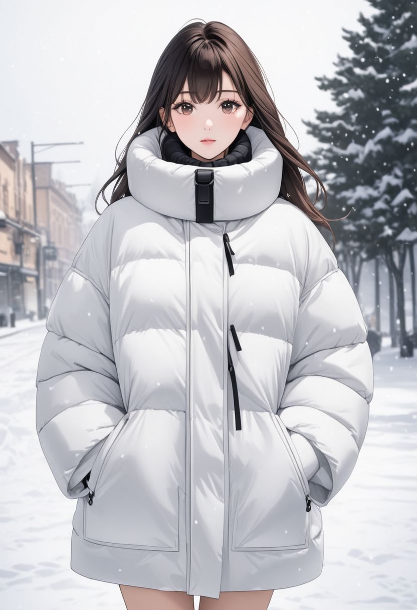 (white oversized down coat:1.4), (white oversized puffer coat:1.4), (oversized winter clothes:1.4), (puffer collar:1.4), upper body, pencil medium skirt, girl, winter, very very cold, snow, snowing,