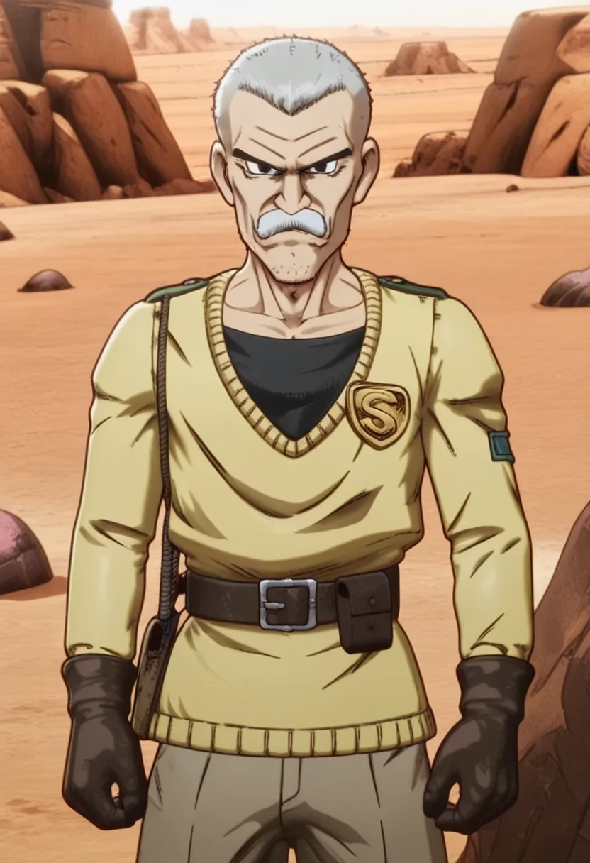 <lora:Beelze_v2:1>, raogu, 1boy, solo,looking at viewer, grey hair, rocks, desert, moustache, detailed eyes, cowboy shot,