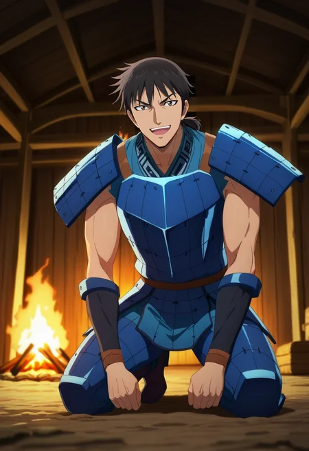 masterpiece, best quality, intricate details, anime screencap, anime coloring, , looking at viewer, depth of field, 1boy, solo, male focus, <lora:xin_kingdom_ilxl:0.96>, xin_kingdom, black hair, brown eyes, short hair, low ponytail, , armor, wide angle, wide shot, cowboy shot, cabin, forest, campfire, indoors, light, kneeling, laughing, vandal costume