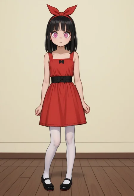 Solo, one character, 
1girl, OriginalBlossom, oval-shaped heads, red bow on head, red-orange waist-length hair, hair bangs, large eyes, pink eyes, fair skin, stubby arms, stubby legs, no necks, no noses, no ears, no hands, small red dress with a black-centered stripe, white tights, black Mary Janes shoes