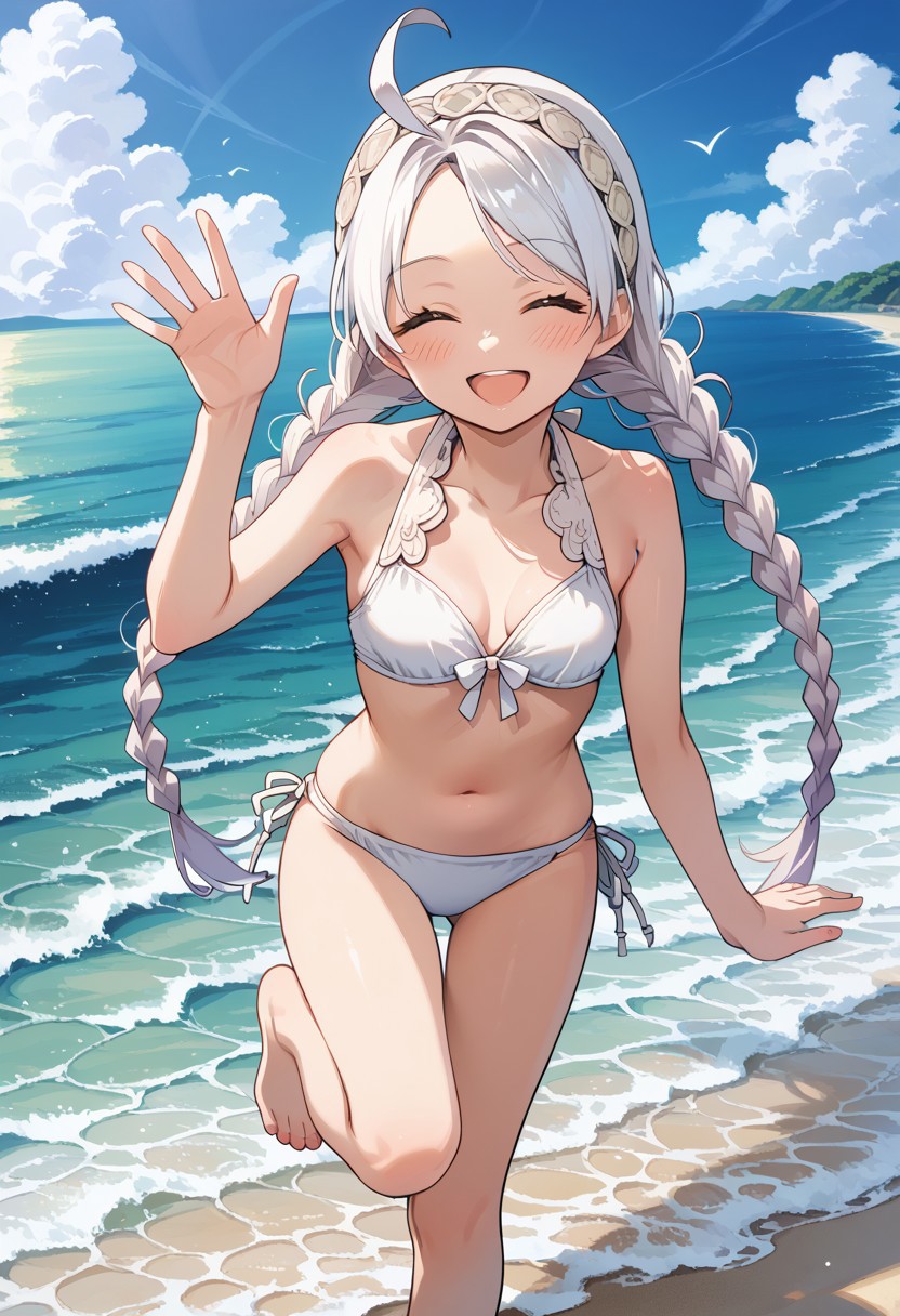 score_9, score_8_up, masterpiece, best quality, correct anatomy, detailed background, anime_source, 1girl, solo, alone, outdoors, beach, sea, barefoot, bare shoulders, exposed belly,
nina,white hair, long braids, twin braids, closed eyes, white headband, buttoned headband, white bikini, ahoge, exposed arms, bare arms,
standing in one leg, happy smile, open mouth, blush, looking at viewer, waving,