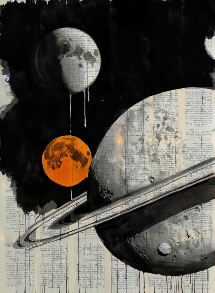monochrome portrait of the planet Saturn, dripping orange, moon in background, newspaper background  <lora:LOUIJOVER#SXDL1.0#by Loui Jover#v2.00#-000006-rs.sv_fro.0.999-nr.0128:0.8> by LOUI JOVER