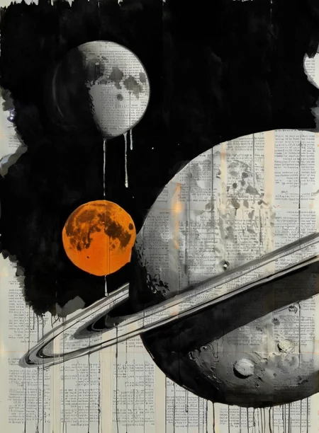 monochrome portrait of the planet Saturn, dripping orange, moon in background, newspaper background  <lora:LOUIJOVER#SXDL1.0#by Loui Jover#v2.00#-000006-rs.sv_fro.0.999-nr.0128:0.8> by LOUI JOVER
