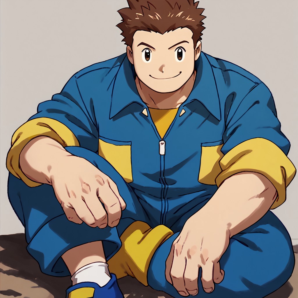 score_9, score_8_up, score_7_up BREAK JPDFr, 1boy, brown hair, brown eyes, blue jumpsuit with yellow accents, rolled-up yellow short sleeves, yellow pockets, socks, blue yellow shoes, smiling at viewer, stocky body,