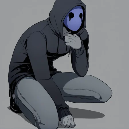 <lora:Eyeless_Jack:1> jack, hood, solo, mask, 1boy, male focus, grey skin, squatting, masterpiece, dark, high quality,