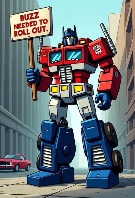 Cartoon, Street corner, Optimus Prime Holding A Sign That Says: 'BUZZ NEEDED TO ROLL OUT', sinister by Greg Rutkowski