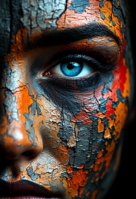 A close-up of a face, predominantly focusing on an eye and a portion of the lips. The eye is vividly blue, surrounded by a myriad of colors like orange, red, and black, which appear as if they're peeling off or cracking. The texture of the skin around the eye and lips is rough, resembling aged or weathered wood. The background is dark, which accentuates the colors and textures on the face.