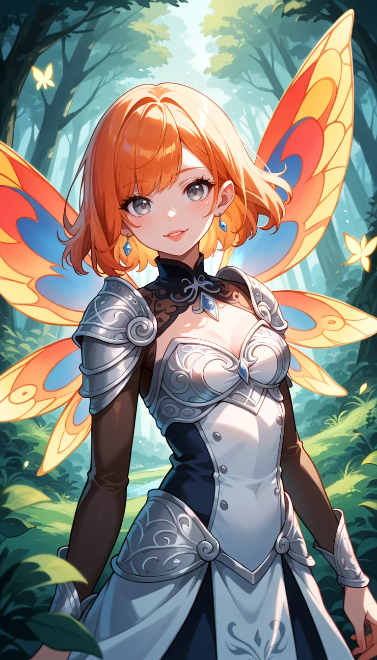 score_9, score_8_up, score_7_up, Anime Style, Cowboy Shot, girl, fire fairy, cute, seductive, innocent, light smile:0.3, plump lips, slender body, french bob copper hair, silver eyes, in high detailed copper light armor, reflective, intricated, big detailed flaming wings, symmetrical wings, chromatic aberration, colorful, bright colors, moonlight passing through hair, enchanted forest background, depth of field, dynamic angle, fashion photography, sharp, hyperdetailed:1.15
