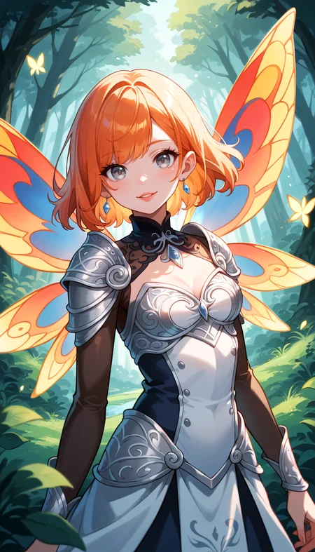 score_9, score_8_up, score_7_up, Anime Style, Cowboy Shot, girl, fire fairy, cute, seductive, innocent, light smile:0.3, plump lips, slender body, french bob copper hair, silver eyes, in high detailed copper light armor, reflective, intricated, big detailed flaming wings, symmetrical wings, chromatic aberration, colorful, bright colors, moonlight passing through hair, enchanted forest background, depth of field, dynamic angle, fashion photography, sharp, hyperdetailed:1.15