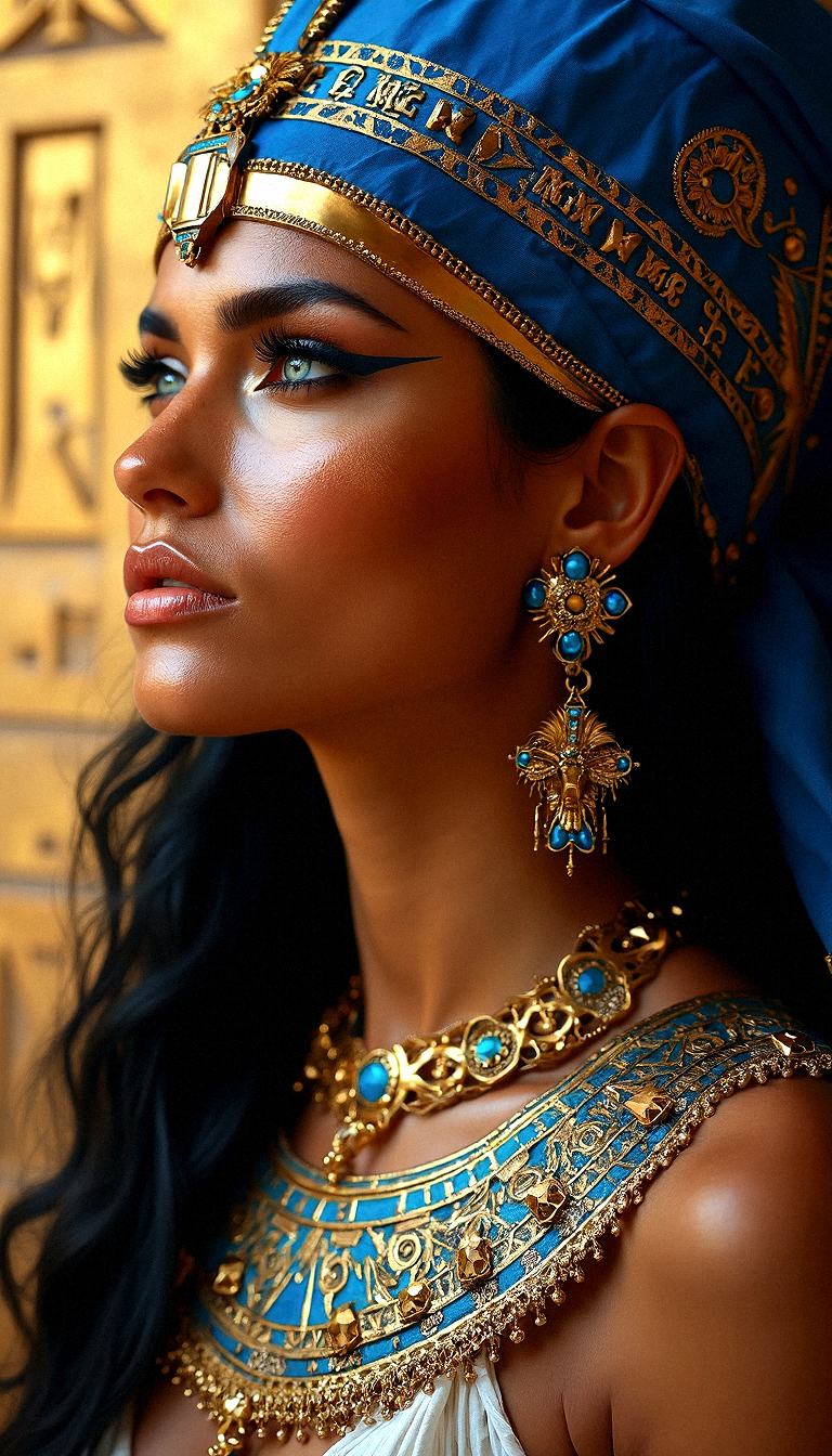  a photorealistic depiction of a very tanned egyptian woman with a powerful, ancient aesthetic. Her piercing blue eyes are framed by thick, black eyeliner in the style of Egyptian queens, extending in a dramatic wing. Her hair is jet-black, flowing from beneath a rich, royal blue scarf adorned with gold symbols and hieroglyphs. She wears heavy, elaborate earrings and a broad, golden collar necklace, both featuring geometric shapes and vivid blue accents that mirror the designs on her headscarf. The background is a golden hieroglyphics carved on wall, which heightens the drama of the scene and complements the gold tones in her jewelry. The lighting is soft but focused, highlighting the reflective details of the jewelry and bringing out the texture in her attire. The composition merges historical reverence with modern realism, presenting a figure that feels both ancient and timeless.