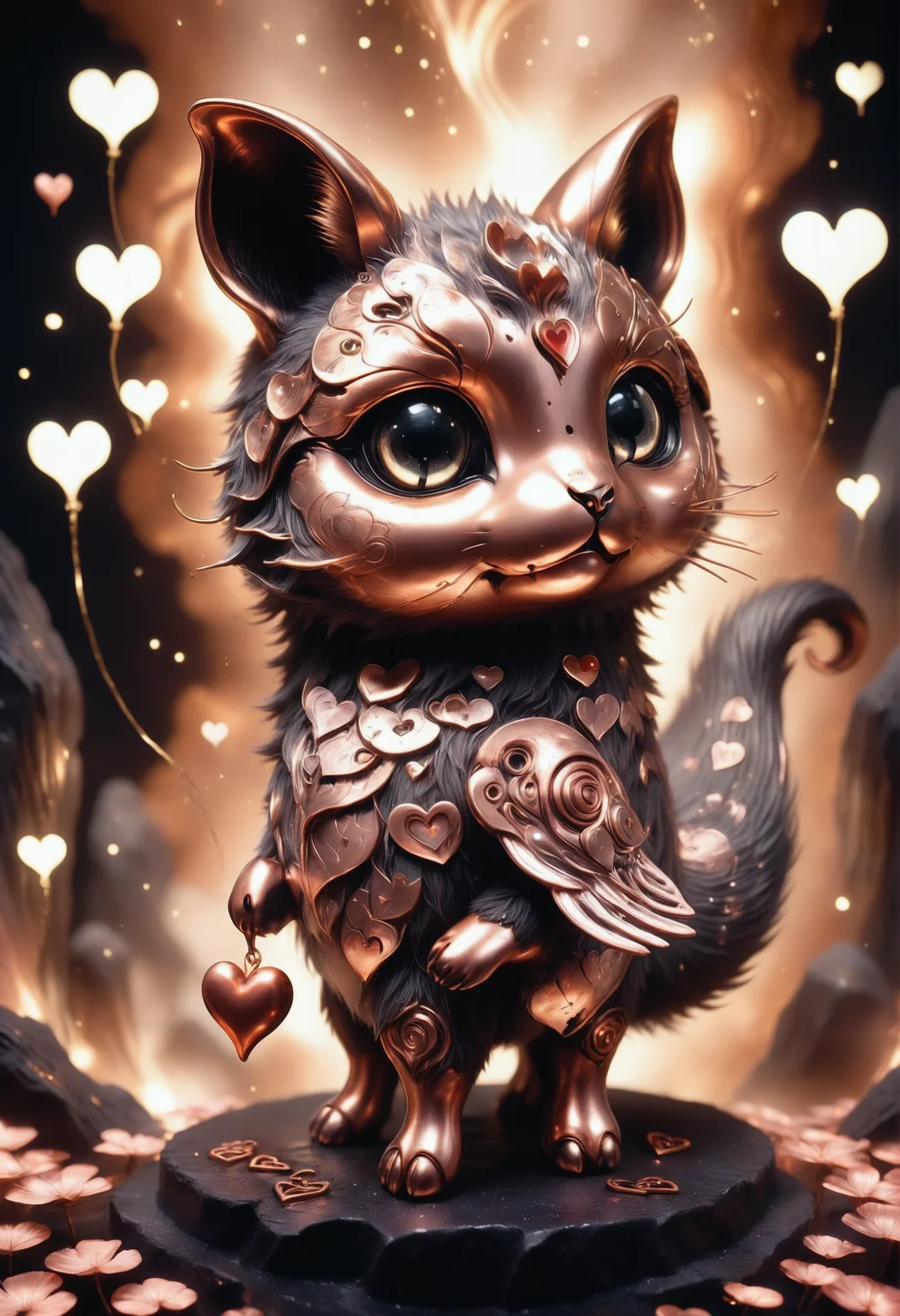 a cute zhibi domestic animal <lora:zhibi:0.8> made out of Jed-ANC <lora:ArtNouveauCopperStyle:0.9>, cuteness overload, surrounded by stardust and floating hearts <lora:heartmiststyle:0.5> in a starLS fantasy landscape <lora:stardustlandscapes-000006:0.7>, horror art, lava pit, hrotesque imagery, psychological terror, intricate linework, gritty, imposing, fertile, pure, ambient background, deep aesthetic