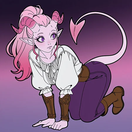 rlstyle, easynegative, poseydnd, Flatline, Flat vector illustration, Black outline, Vivid colors, anime coloring, 1girl, pink hair with purple gradient, poseydnd, ponytail, purple eyes, white blouse, purple pants, brown bracers, brown boots, tiefling, pointed ears, pink horns,straight horns, demon horns, tail, pointed ears, long pink hair, pink hair with purple gradient, long lashes, thick lashes, pale pink skin, thin tail, pink tail, imp tail, light colors, pastel colors, purple gradient in hair
