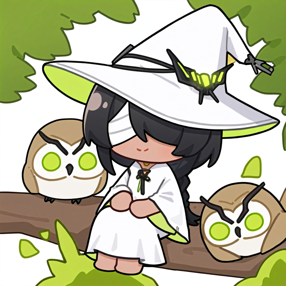 chibi, snowbreakmeme, snowbreak_chibi,owl, 1girl, dark skin, bird, black hair, braid, looking at viewer, smile, dress, green eyes, sitting, dark-skinned female, hat, glowing, white dress, long hair, hair over one eye, long sleeves, animal, nature, barefoot, solo, bandages, wide sleeves, closed mouth, white headwear, witch hat, single braid, one eye covered, bandage over one eye, too many ,white background,  simple background, \n<lora:snowbreakmeme_noobai_v1.0-000030:1>,