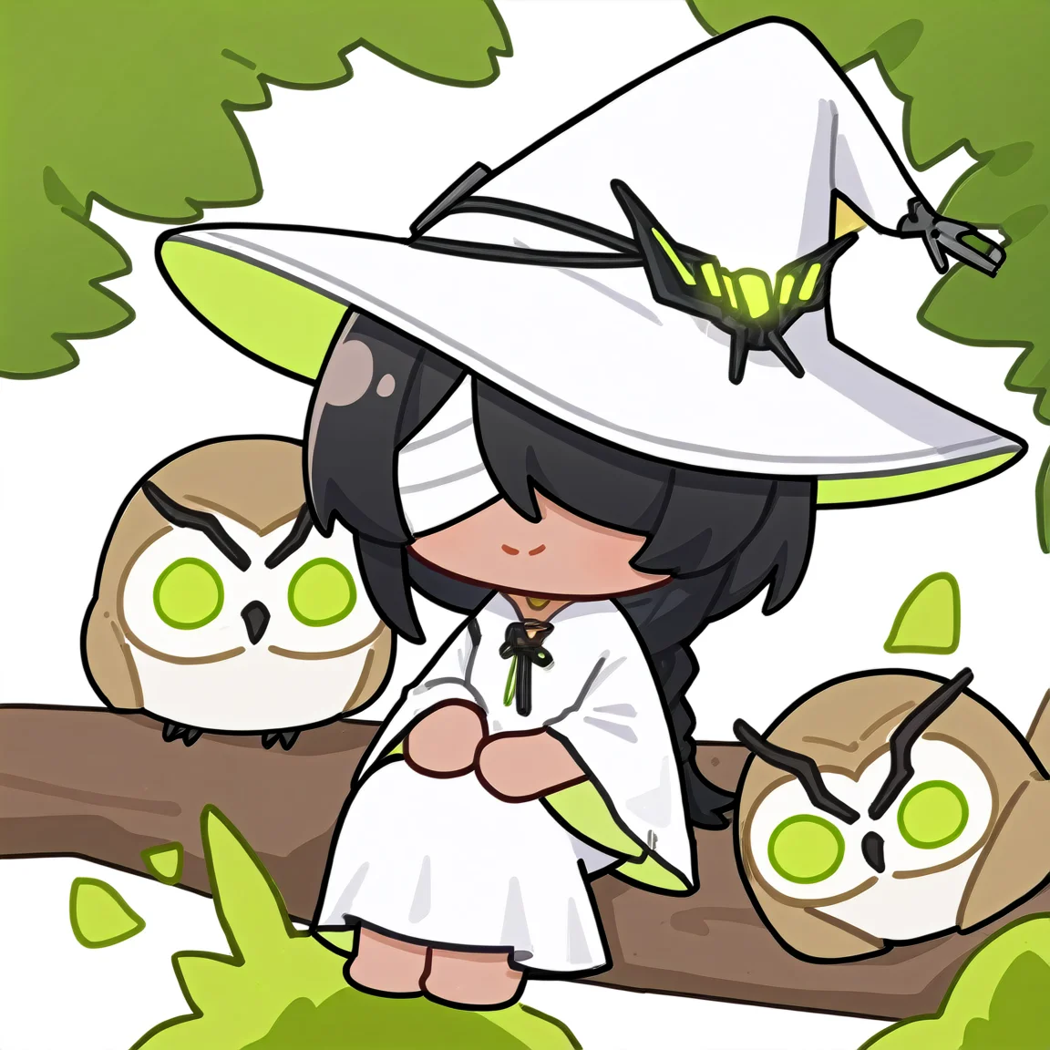 chibi, snowbreakmeme, snowbreak_chibi,owl, 1girl, dark skin, bird, black hair, braid, looking at viewer, smile, dress, green eyes, sitting, dark-skinned female, hat, glowing, white dress, long hair, hair over one eye, long sleeves, animal, nature, barefoot, solo, bandages, wide sleeves, closed mouth, white headwear, witch hat, single braid, one eye covered, bandage over one eye, too many ,white background, simple background, \n<lora:snowbreakmeme_noobai_v1.0-000030:1>,