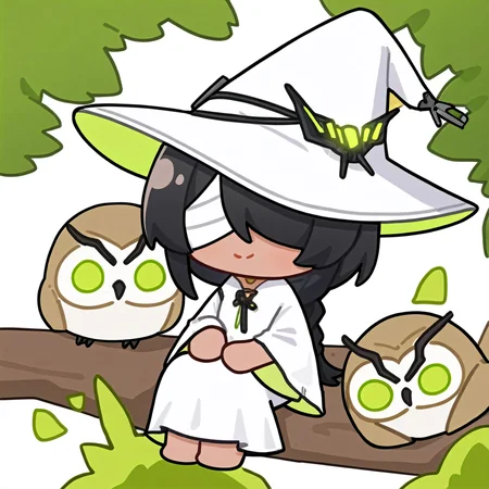 chibi, snowbreakmeme, snowbreak_chibi,owl, 1girl, dark skin, bird, black hair, braid, looking at viewer, smile, dress, green eyes, sitting, dark-skinned female, hat, glowing, white dress, long hair, hair over one eye, long sleeves, animal, nature, barefoot, solo, bandages, wide sleeves, closed mouth, white headwear, witch hat, single braid, one eye covered, bandage over one eye, too many ,white background, simple background, \n<lora:snowbreakmeme_noobai_v1.0-000030:1>,