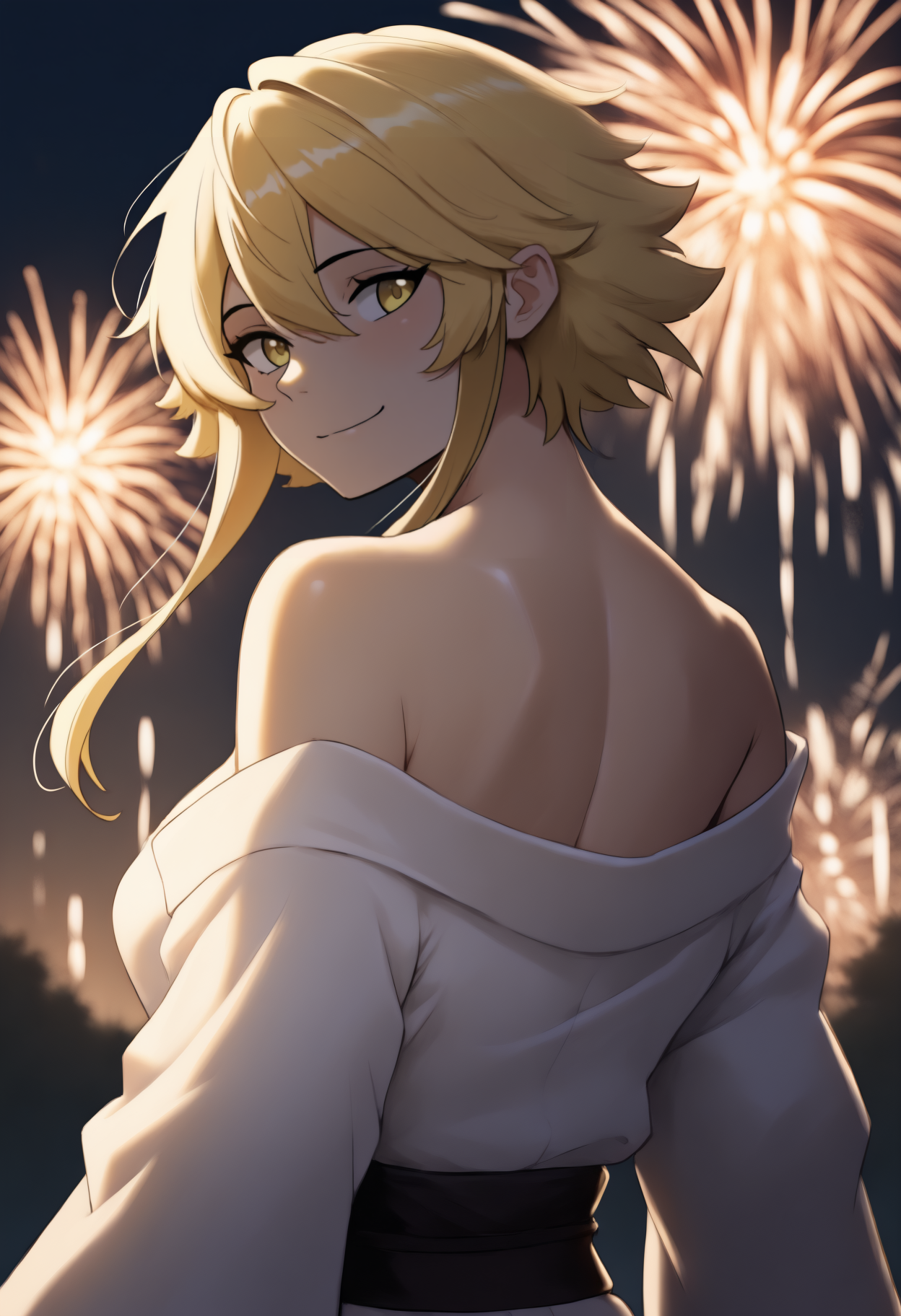 masterpiece, best quality, newest, anime, from behind, solo, 1girl, le0ne, smile, looking back, blonde hair, short hair with long locks, sidelocks, yellow eyes, japanese clothes, white kimono, off shoulder, black sash, bare shoulders, outdoors, night, fireworks
<segment:yolo-face_yolov8m.pt,0.4,0.5//cid=1>