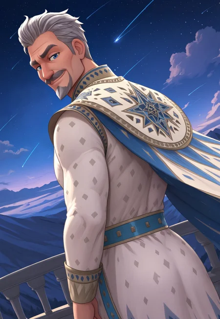 masterpiece, best quality, amazing quality, KingMagnific0, short hair, gray hair, blue eyes, facial hair, mustache, mature male, muscular, cape, white robe, blue belt, looking at viewer, smirk, dynamic pose, detailed background, dutch angle, upper body, cowboy shot, balcony, night, fantasy kingdom, mountain range, clouds, stars, bloom, back view, gust of wind, shooting star,